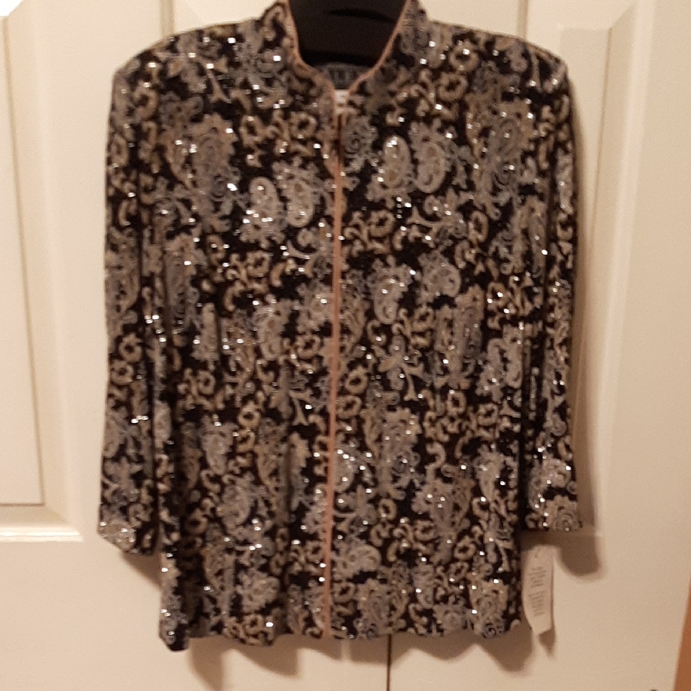 Alex Evenings Black Jacket with Silver and Gold Paisley Sequins